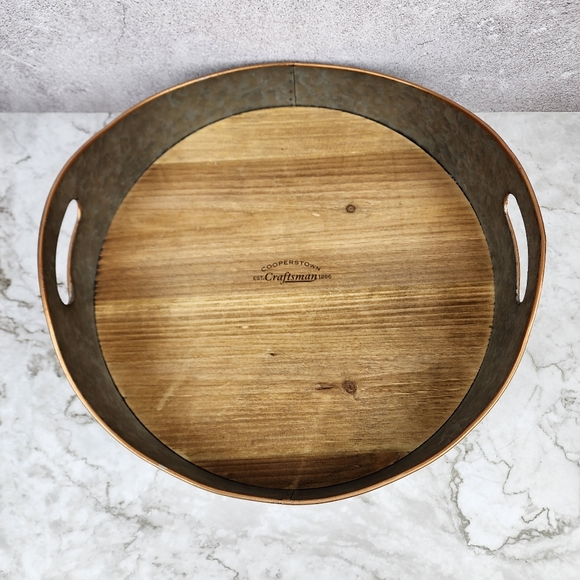 Tray Decor, Silver Metal Large Oval Serving Tray, Mango Wood Base and Brass - Picture 2 of 6